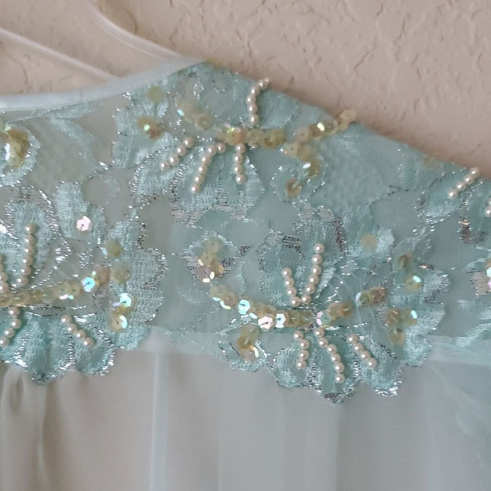 Vtg Victoria's Secret Gold Label Mint Teal Sheer Kimono Robe M Sequin Beaded - Picture 7 of 8